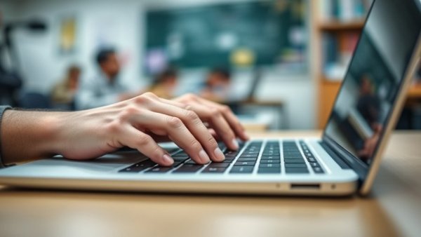 Impact of screen time in classrooms shown by hands typing on a laptop.