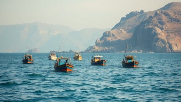 Boats floating in calm sea with rocky hills in background.
