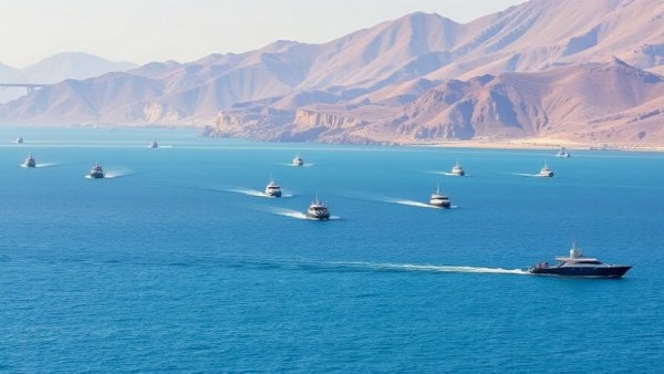 Boats navigating the Strait of Hormuz with mountainous backdrop