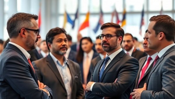 US CEOs discussing at a formal event in China with flags.
