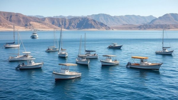 Boats in the Strait of Hormuz under calm conditions, with distant rocky hills.
