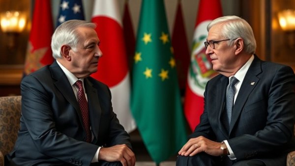 Diplomatic meeting with two leaders discussing policy.