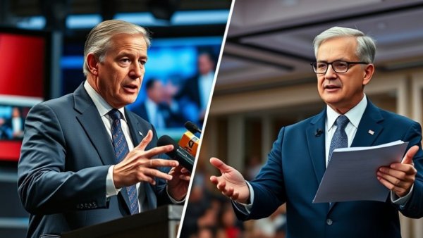 Two politicians discuss US-China relations in split-screen news collage.