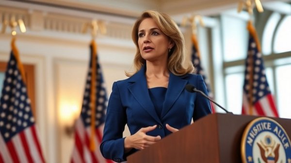 Professional woman discussing security plans America 250, with flags in background.