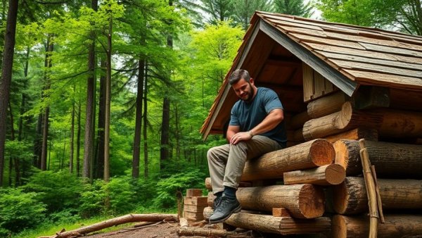 Man building a log cabin from scratch in a forest