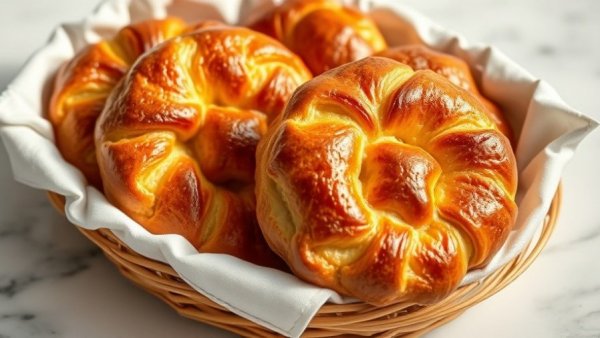 Kouign-Amann pastries in a basket on a marble surface in Dallas.
