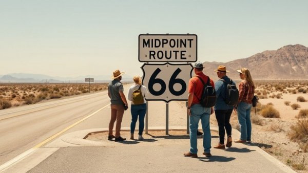 Tourists visiting Route 66 Midpoint sign for centennial celebration.