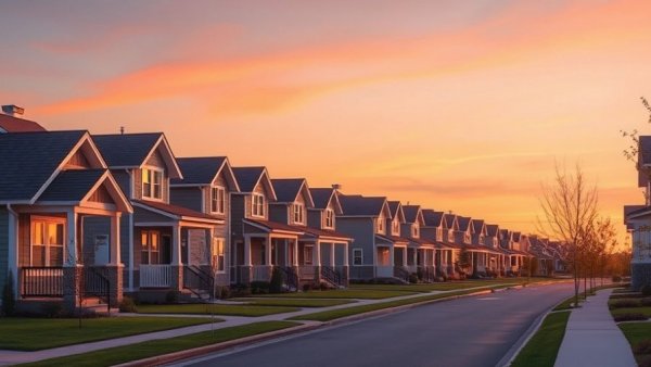 Modern suburban homes in Houston showing urban growth at sunset.