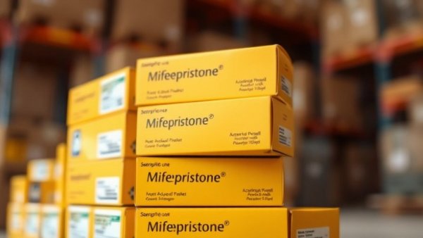 Mifepristone pill boxes emphasizing mail access, warm tones and soft lighting.
