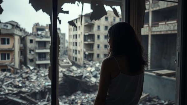 Somber woman observes war-torn building amid US Iran military tensions.