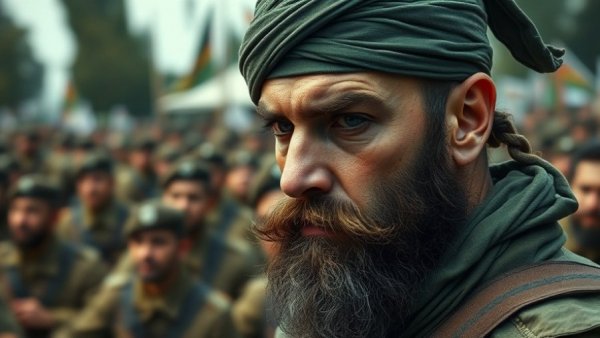 Hamas commander in military attire with a green headband, intense look