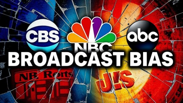 Collage of news logos with shattered glass effect, Broadcast Bias text
