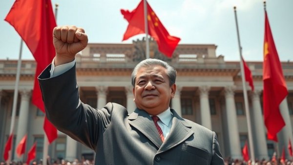 China trade deals depicted with leader raising fist against flag backdrop.