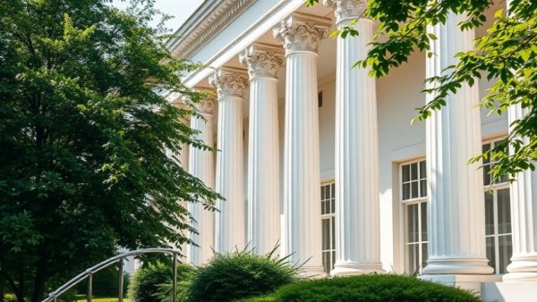 Historic building with white columns, breaking news today.