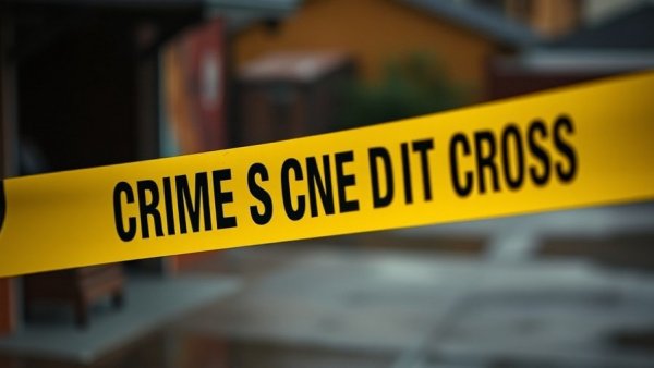 Crime scene tape in dim outdoor setting, warning text visible.
