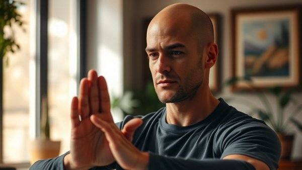 Elderly man demonstrating exercises for mental wellness indoors.