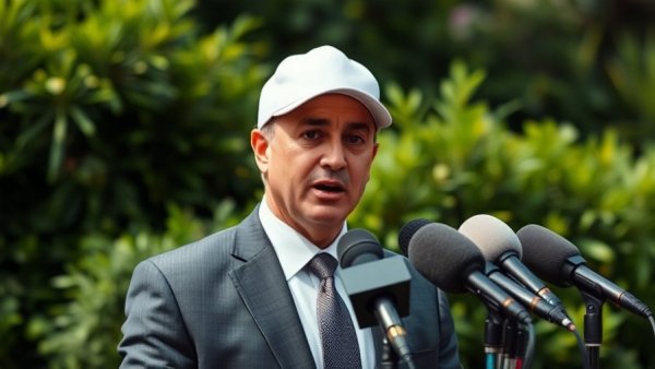 Man in suit with cap speaking at microphone outdoors.