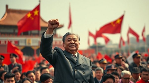 Political leader raising fist in front of Chinese flags, trust on key issues with China.