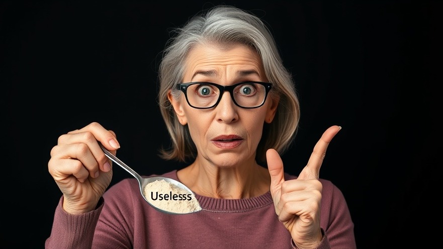 Confused middle-aged woman points at collagen powder, emphasizing active living Houston.