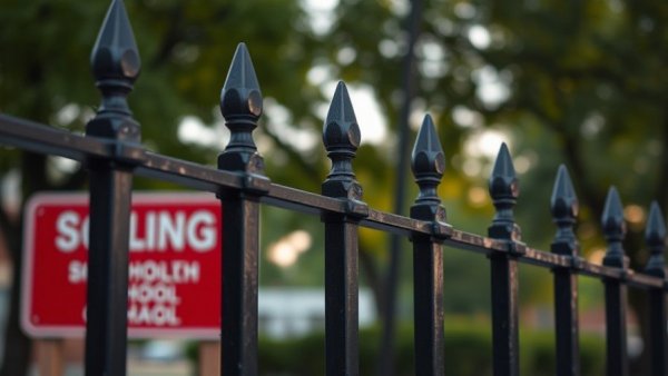 Black iron fence with blurred red school sign, Cleveland ISD.