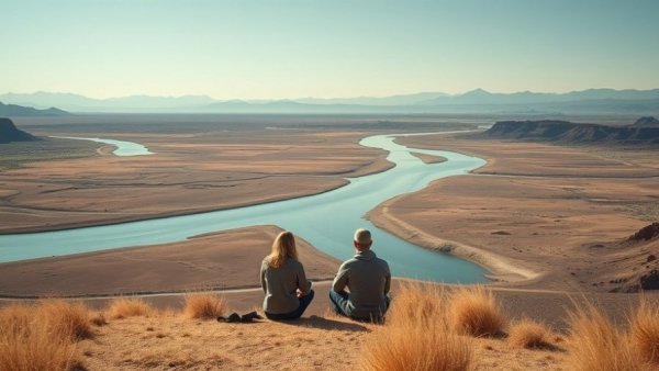 People overlooking winding river in Big Bend desert landscape.