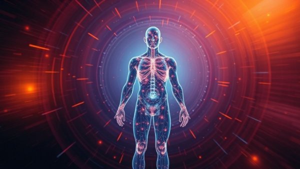 Digital art of human silhouette with molecular structures depicting fasting benefits.