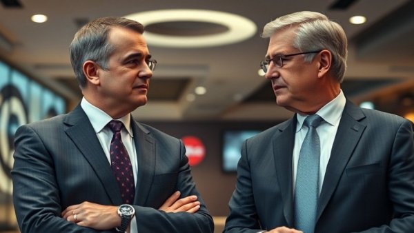 Serious conversation between two mature men in suits with news channel logo.