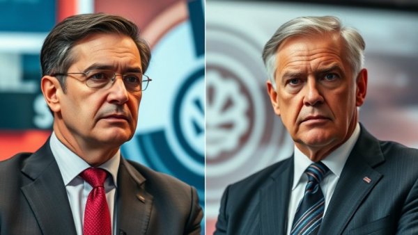 Two distinguished men on news channel graphic.