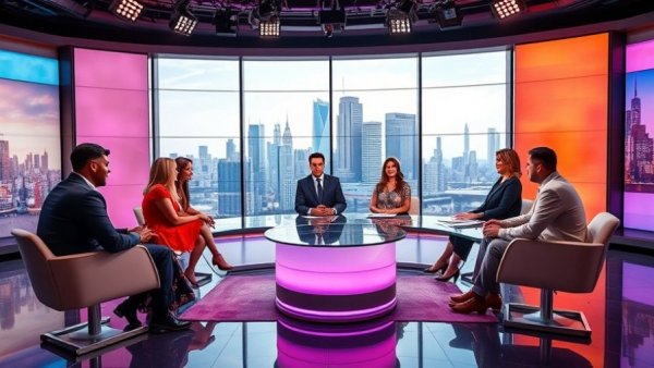 Talk show set with hosts and city skyline backdrop.