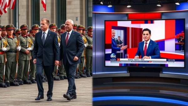 US-China relations discussed in political setting and news studio.