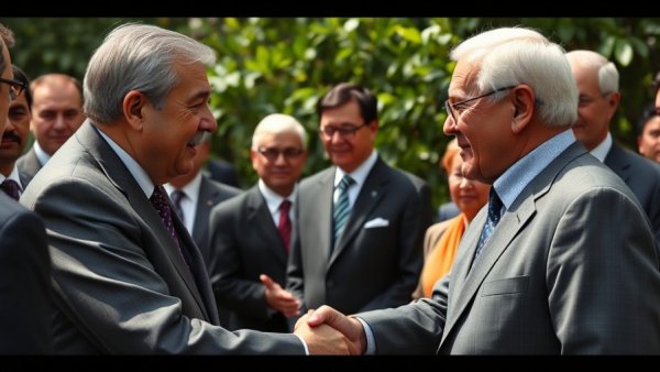 Leaders meeting amid geopolitical tensions, serious handshake.