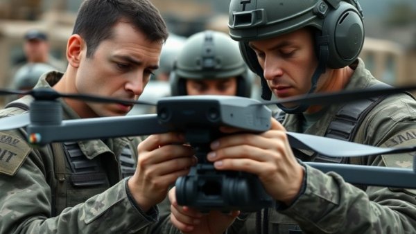 Military personnel adjusting a drone as part of a security strategy