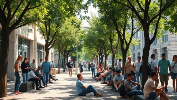Houston breaking news, people gathered outdoors on sidewalk in the shade.
