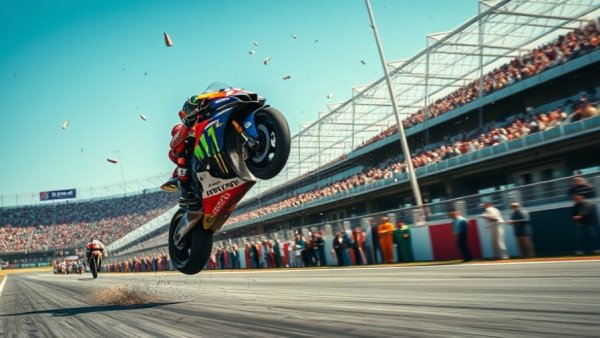 MotoGP racer crash injuries scene, intense bike crash on track.