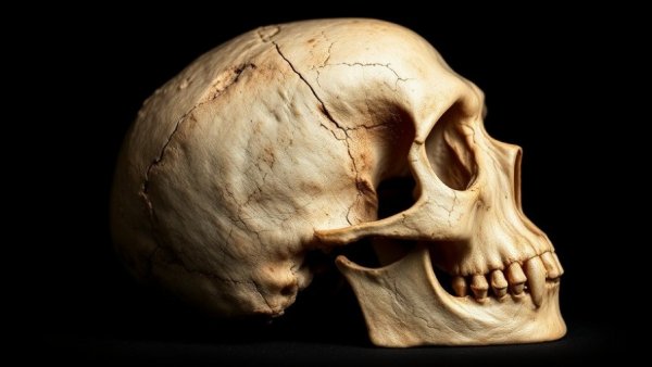 Ethiopian fossil discovery: ancient human skull in profile view against a dark backdrop.