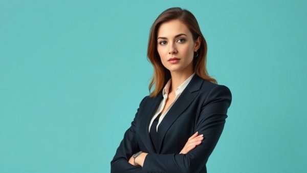 Confident professional woman in a suit, standing in a studio.