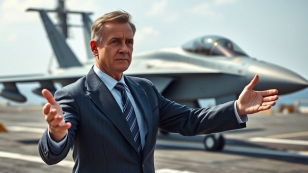 Iran military action news: man on deck with fighter jet backdrop.