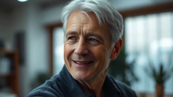 Mature man with silver hair indoors, warm atmosphere.