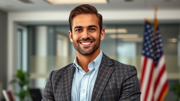 Confident man smiling in office with American flag background.