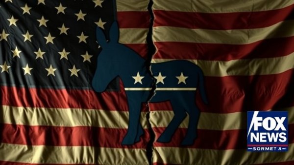 Democratic Party donkey over a cracked American flag symbolizing thematic consistency in Democratic policies.