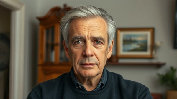 Older male on news channel, neutral expression indoors.