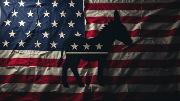 Democratic symbol over distressed US flag, immigration policies and border security