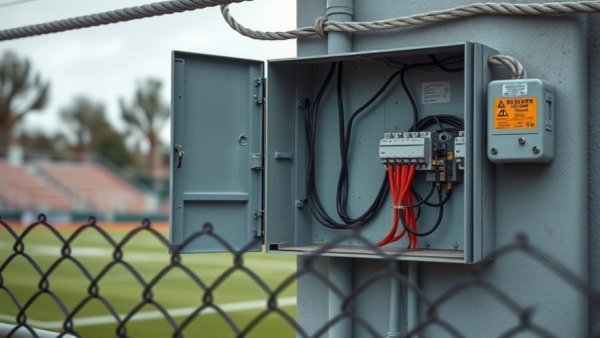 Highlands Little League copper theft scene with open panel and missing wires.
