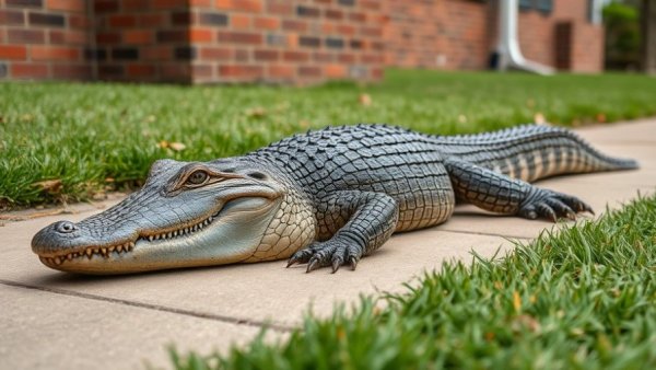 Large gator sighting on suburban sidewalk in Sienna.