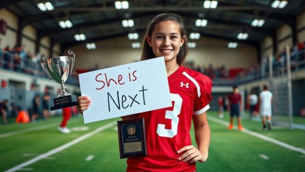 Houston girls flag football player holding award indoors, showing confidence.