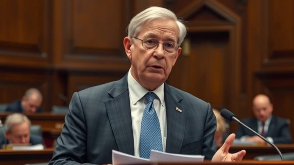 Serious elderly man discussing military preparedness funding in chamber setting.
