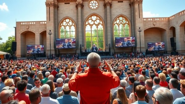 Outdoor national news event with large audience and speaker.