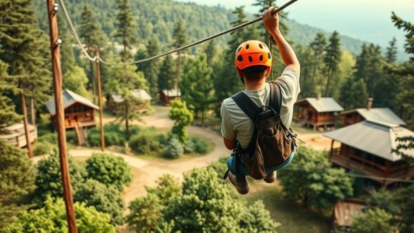 Camper on a zip line at summer camp under cloudy sky highlighting Texas summer camps closing regulations.