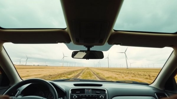 Texas wind energy projects seen from inside a vehicle on a cloudy day.