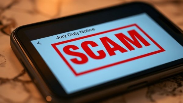 Smartphone displaying AI-generated scam text alert on marble.